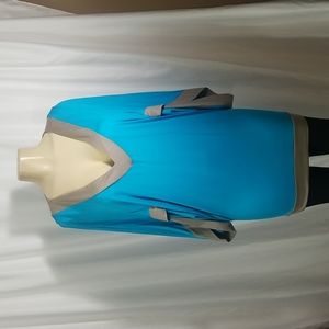 TRINA TURK TUNIC TOP IN TEAL AND TAUPE SIZE MEDIUM WITH V-NECKLINE